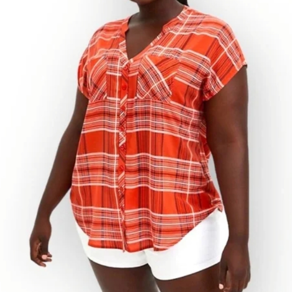Torrid Plaid Button-Up Cap Sleeve Top Red Orange Size 1 1X